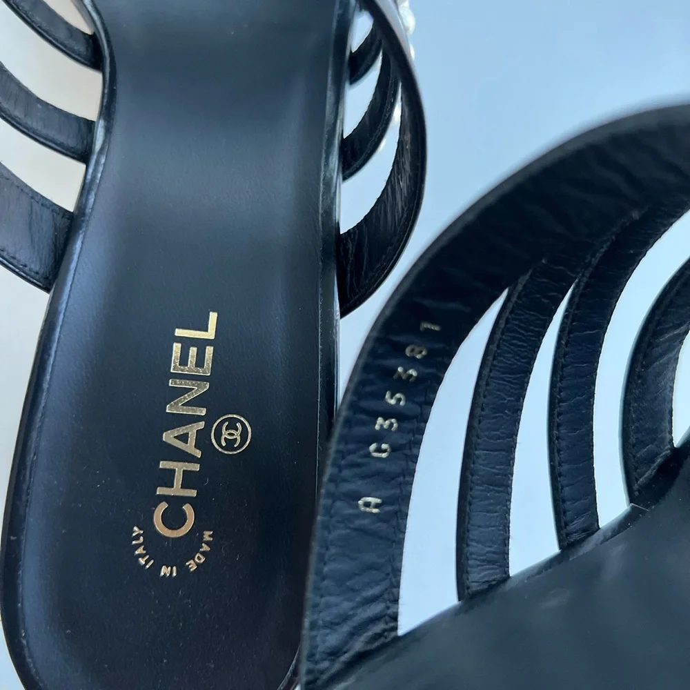 CHANEL Black Pearl-Embellished Strappy Block Heel Sandals